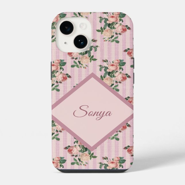 Coque iPhone Monogrammé de rayures roses et blanches et de rose (Verso)