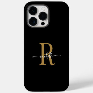 Coque Pour Pour iPhone 14 Pro Max Monogramme de script en or noir moderne et élégant