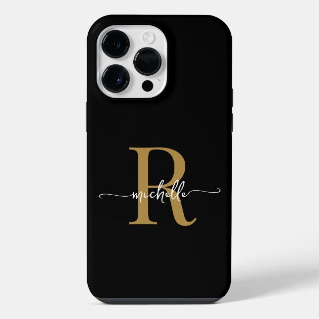 Coque iPhone Monogramme de script en or noir moderne et élégant (Verso)