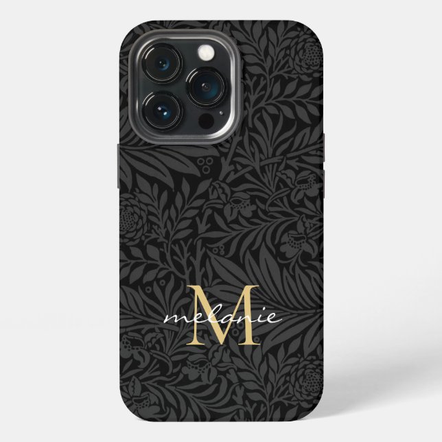 Coque iPhone Monogramme de script floral noir élégant or (Dos)