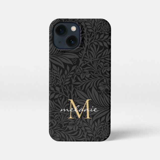 Coque iPhone Monogramme de script floral noir élégant or (Verso)