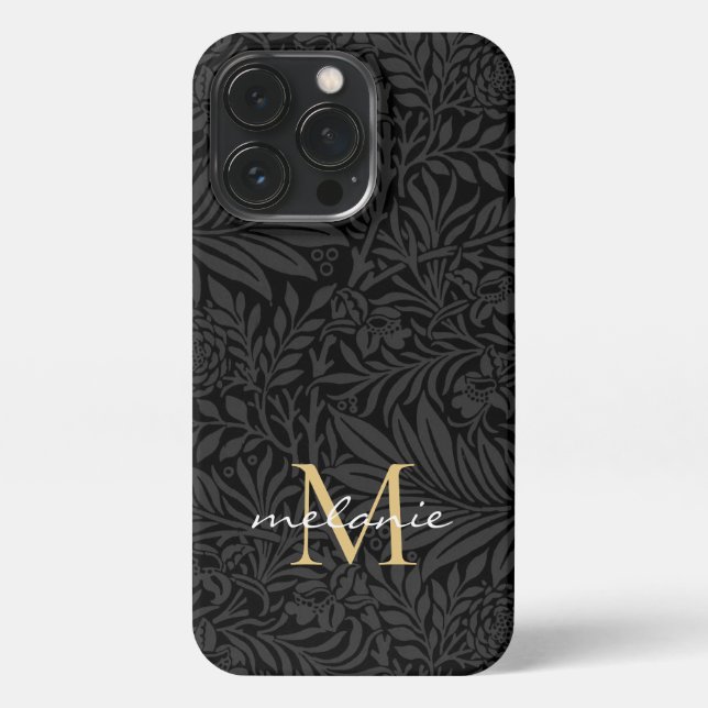 Coque iPhone Monogramme de script floral noir élégant or (Verso)