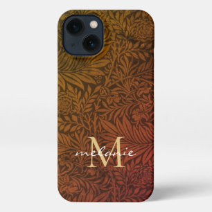 Etui iPhone 13 Monogramme de script floral or orange rouille élég