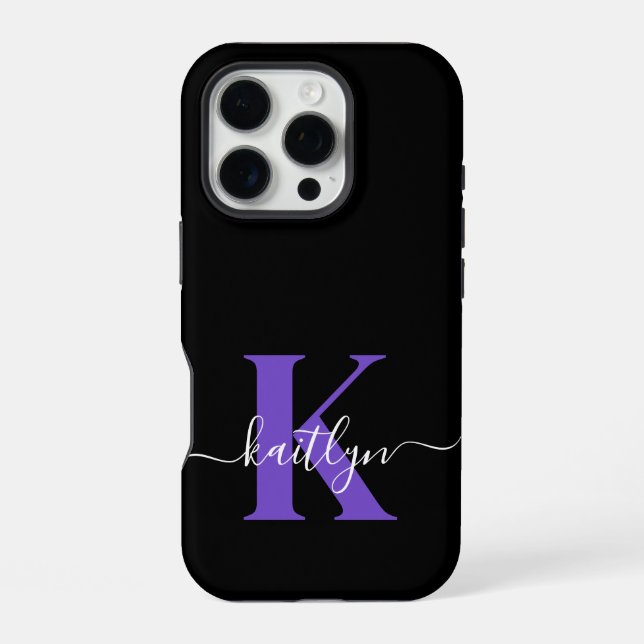 Coque iPhone Monogramme de script moderne violet noir (Verso)