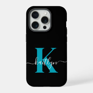 Coque iPhone 15 Pro Monogramme de script sarcelle noir moderne