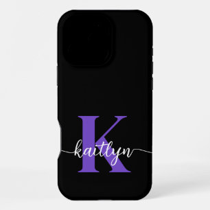 Coque iPhone 16 Pro Max Monogramme de script violet noir