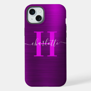 Coque iPhone 15 Plus Monogramme de signature métallique Magenta Purple