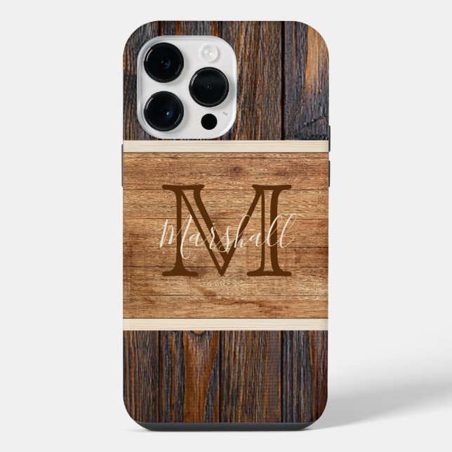 Coque iPhone Monogramme de ton bois rustique (Verso)