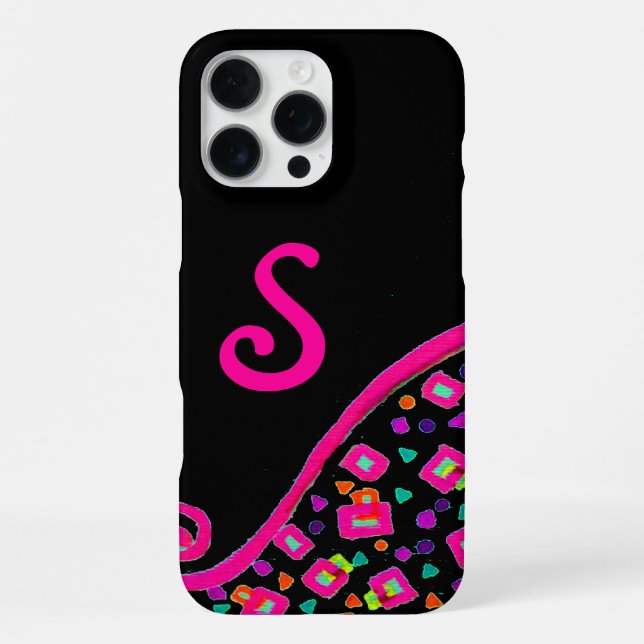 COQUE iPhone MONOGRAMME DÉCO ABSTRAIT FUCHSIA ROSE NOIR (Verso)