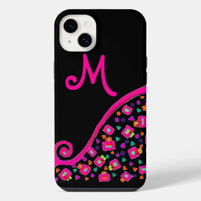 COQUE iPhone MONOGRAMME DÉCO ABSTRAIT FUCHSIA ROSE NOIR (Verso)