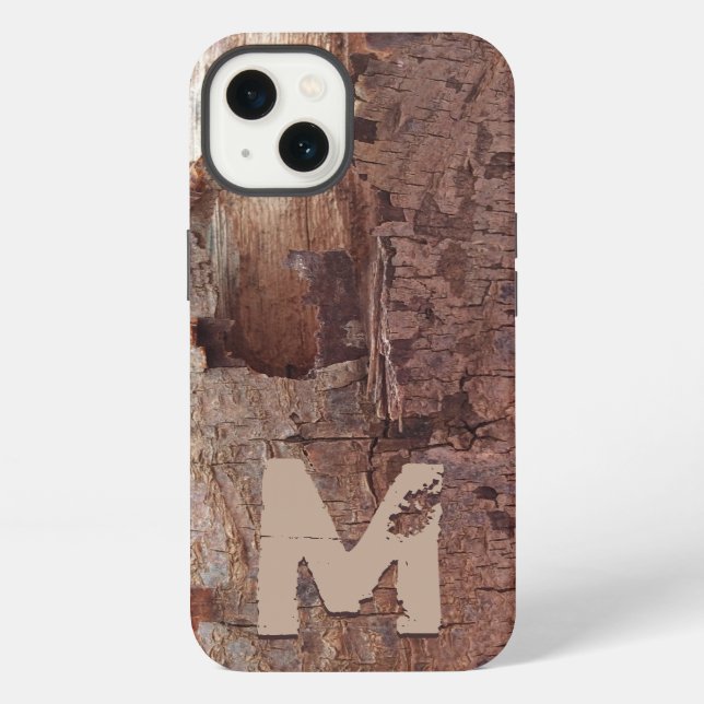 Coque iPhone Monogramme d'écorce rustique en bois (Verso)