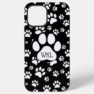 Coque iPhone 12 Pro Max Monogramme d'empreinte de patte noir et blanc