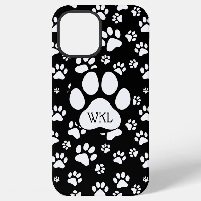 Coque iPhone Monogramme d'empreinte de patte noir et blanc (Verso)