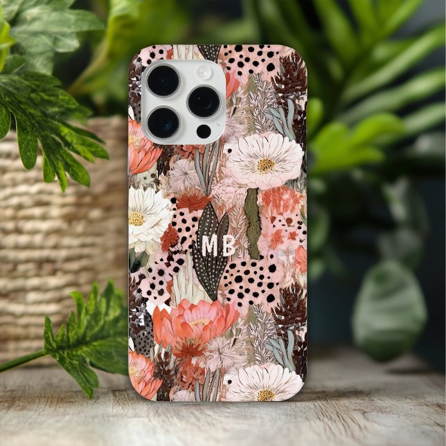 Coque iPhone Monogramme Désert Boho Floral Moderne Chic (Créateur téléchargé)