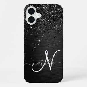 Coque iPhone 16 Plus Monogramme d'étincelle à Parties scintillant noire