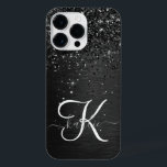 Coque Pour Pour iPhone 14 Pro Max Monogramme d'étincelle à Parties scintillant noire<br><div class="desc">Personnalisez facilement ce design élégant et branché de boîtier de téléphone avec une jolie parties scintillant brillante noire sur un arrière - plan métallique brossé noir.</div>