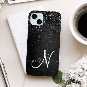 Coque iPhone 15 Plus Monogramme d'étincelle à Parties scintillant noire