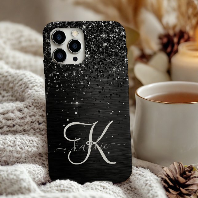 Coque iPhone Monogramme d'étincelle à Parties scintillant noire (Créateur téléchargé)