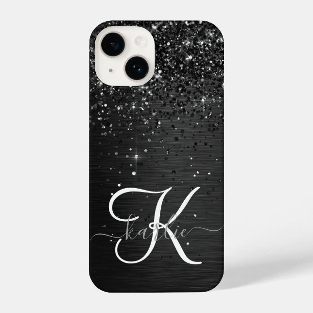 Coque iPhone Monogramme d'étincelle à Parties scintillant noire (Verso)