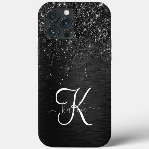 Etui iPhone 13 Pro Max Monogramme d'étincelle à Parties scintillant noire