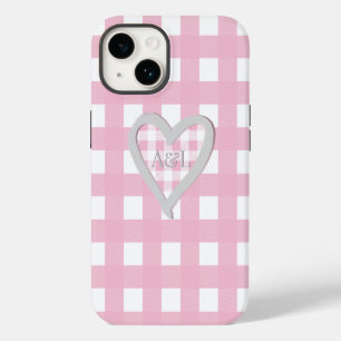 Coque Pour iPhone 14 Monogramme Deux Initiales Cœur Vichy Rose Buffle