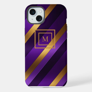 Coque iPhone 15 Plus Monogramme diagonale violet et or