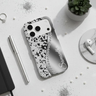 Coque iPhone 12 Monogramme Diamant Argent Faux Paillettes Brillanc