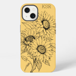 Etui iPhone 13 Monogramme d'illustration de la ligne de tournesol