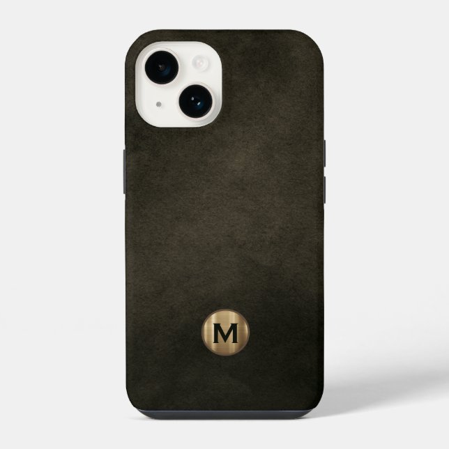 Coque iPhone Monogramme d'or brossé noir moderne (Verso)