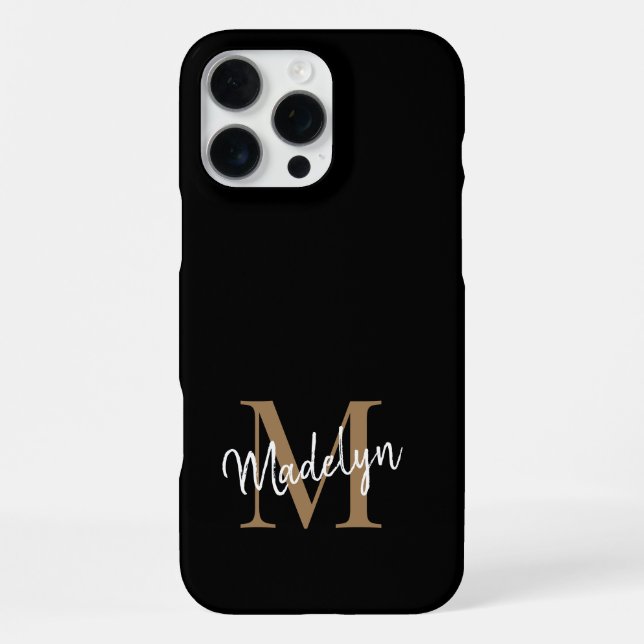Coque iPhone Monogramme d'or noir moderne Nom du script féminin (Verso)