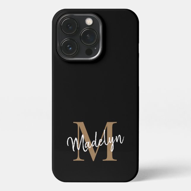 Coque iPhone Monogramme d'or noir moderne Nom du script féminin (Verso)