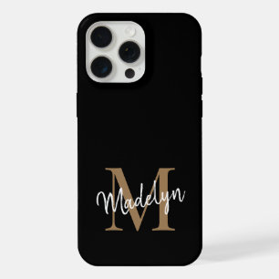 Coque iPhone 15 Pro Max Monogramme d'or noir moderne Nom du script féminin