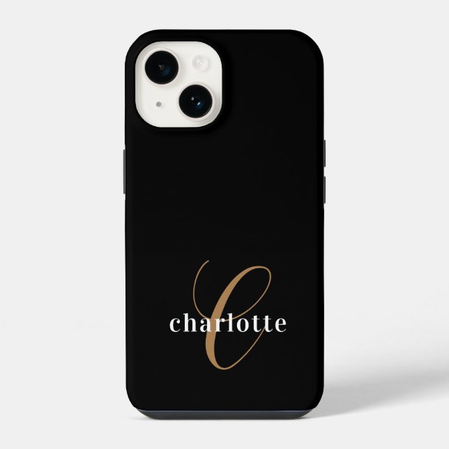 Coque iPhone Monogramme d'or noir moderne Nom du script féminin (Verso)