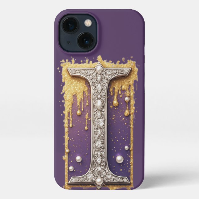 Coque iPhone Monogramme Doré Orné I ✨ Luxe Perle & Diamant (Verso)