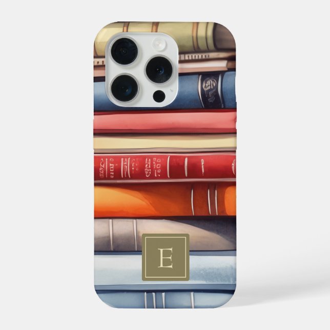 Coque iPhone Monogramme d'une pile de livres à l'aquarelle de s (Verso)