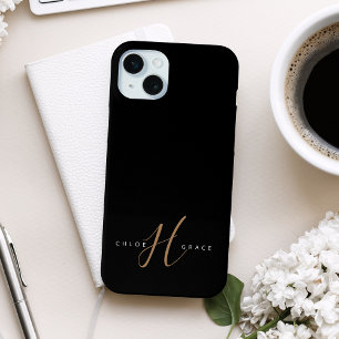 Coque iPhone 15 Plus Monogramme écriture féminine moderne or noir