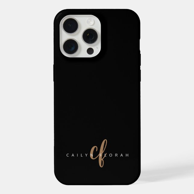 Coque iPhone Monogramme écriture féminine or noir moderne (Verso)