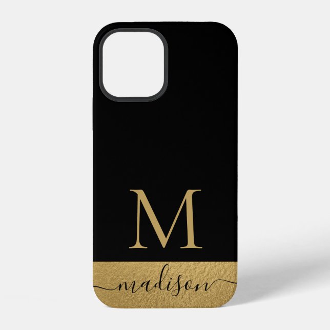 Coque iPhone Monogramme écriture féminine or noir moderne (Verso)