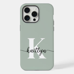 Coque iPhone 15 Pro Max Monogramme écriture vert sauge