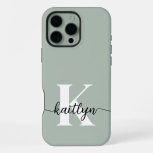 Coque iPhone 16 Pro Max Monogramme écriture vert sauge