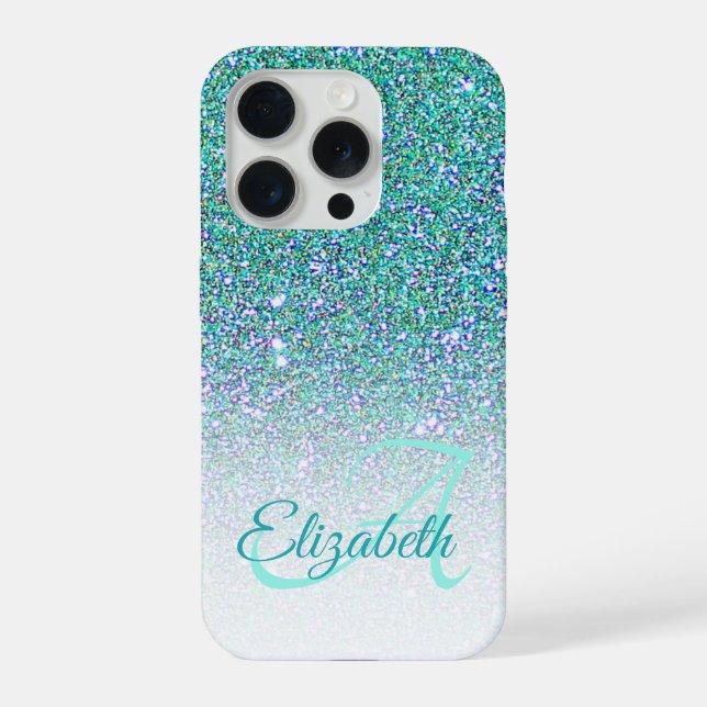 Coque iPhone Monogramme Élégant avec Ombre de Paillettes Vertes (Verso)