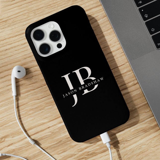 Coque iPhone Monogramme élégant classique et nom noir (Personalize with your name and monogram initials.)