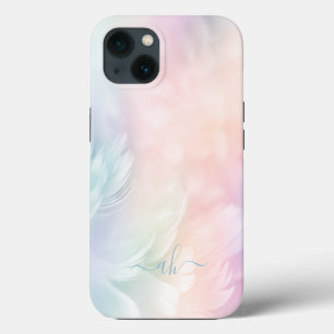 Etui iPhone 13 Monogramme Élégant de Fille aux Plumes de Arc-en-c