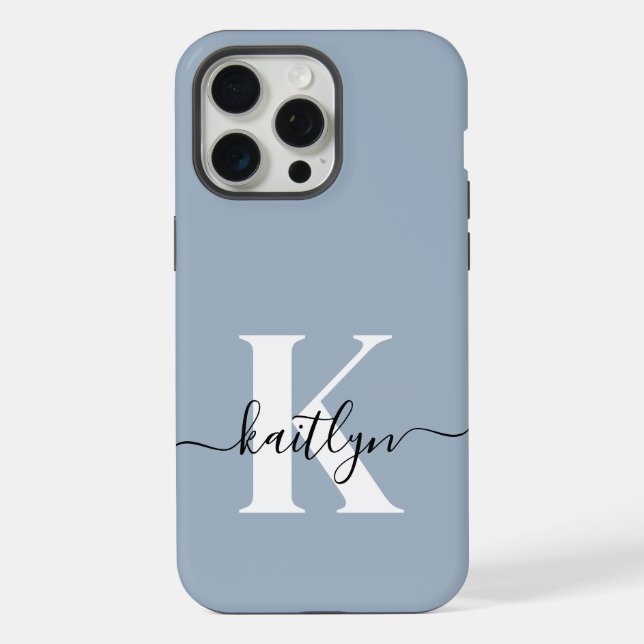 Coque iPhone Monogramme élégant en bleu poussiéreux (Verso)