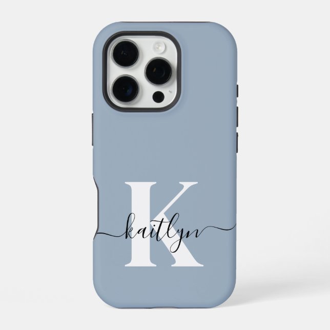 Coque iPhone Monogramme élégant en bleu poussiéreux (Verso)