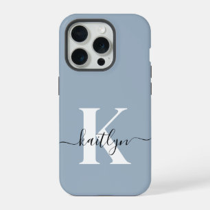Coque iPhone 15 Pro Monogramme élégant en bleu poussiéreux