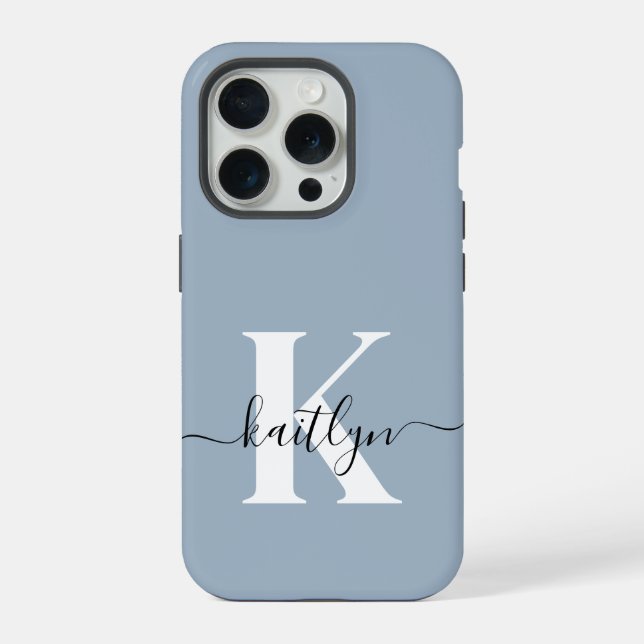Coque iPhone Monogramme élégant en bleu poussiéreux (Verso)