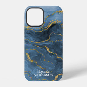 Coque iPhone 12 Monogramme élégant en marbre de géode d'agate bleu