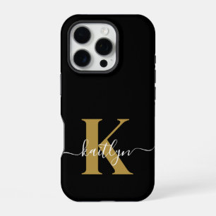 Coque iPhone 16 Pro Monogramme élégant en or noir Script