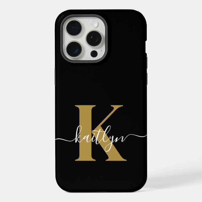 Coque iPhone Monogramme élégant en or noir Script (Verso)